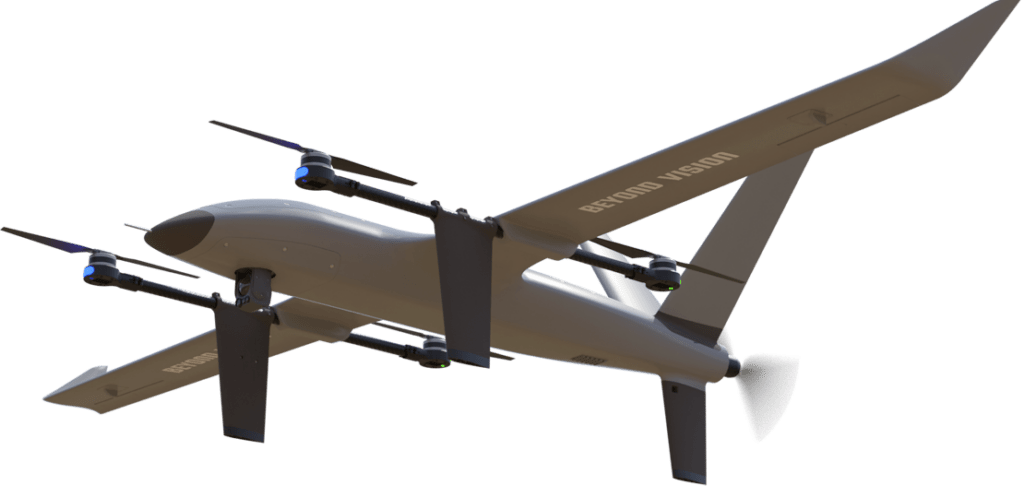 Vista del modo de vuelo del dron VTOL impulsado por IA VTOne